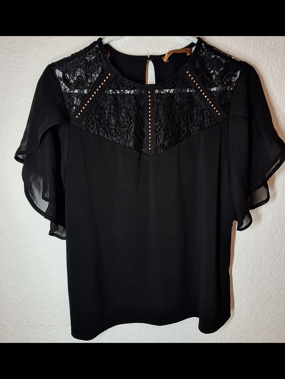 Belldini Black Lace & Gold Stud Embellished Keyhole Blouse